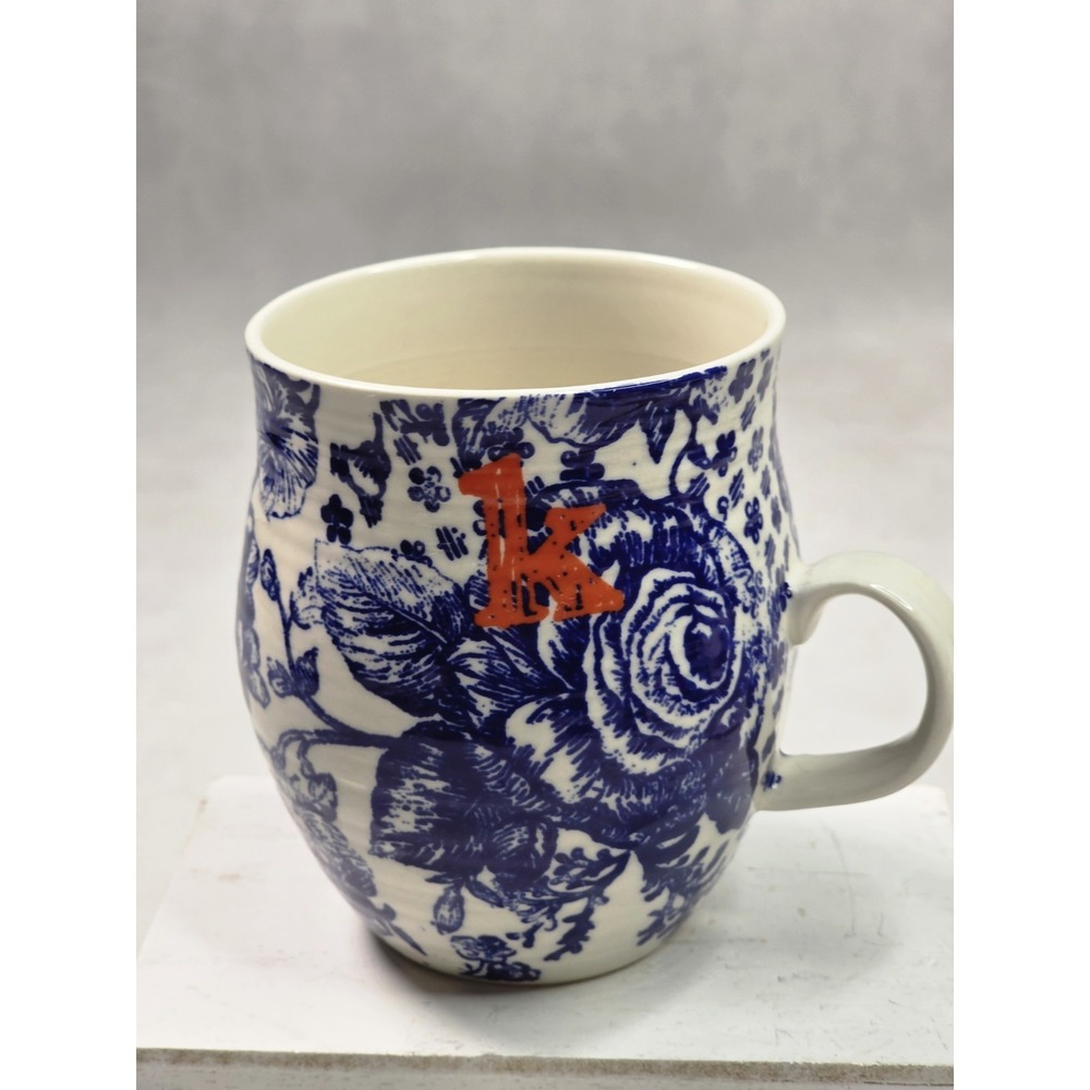 Anthropologie Homegrown Monogram Mug Initial  "K" Blue White Floral Rose Bird